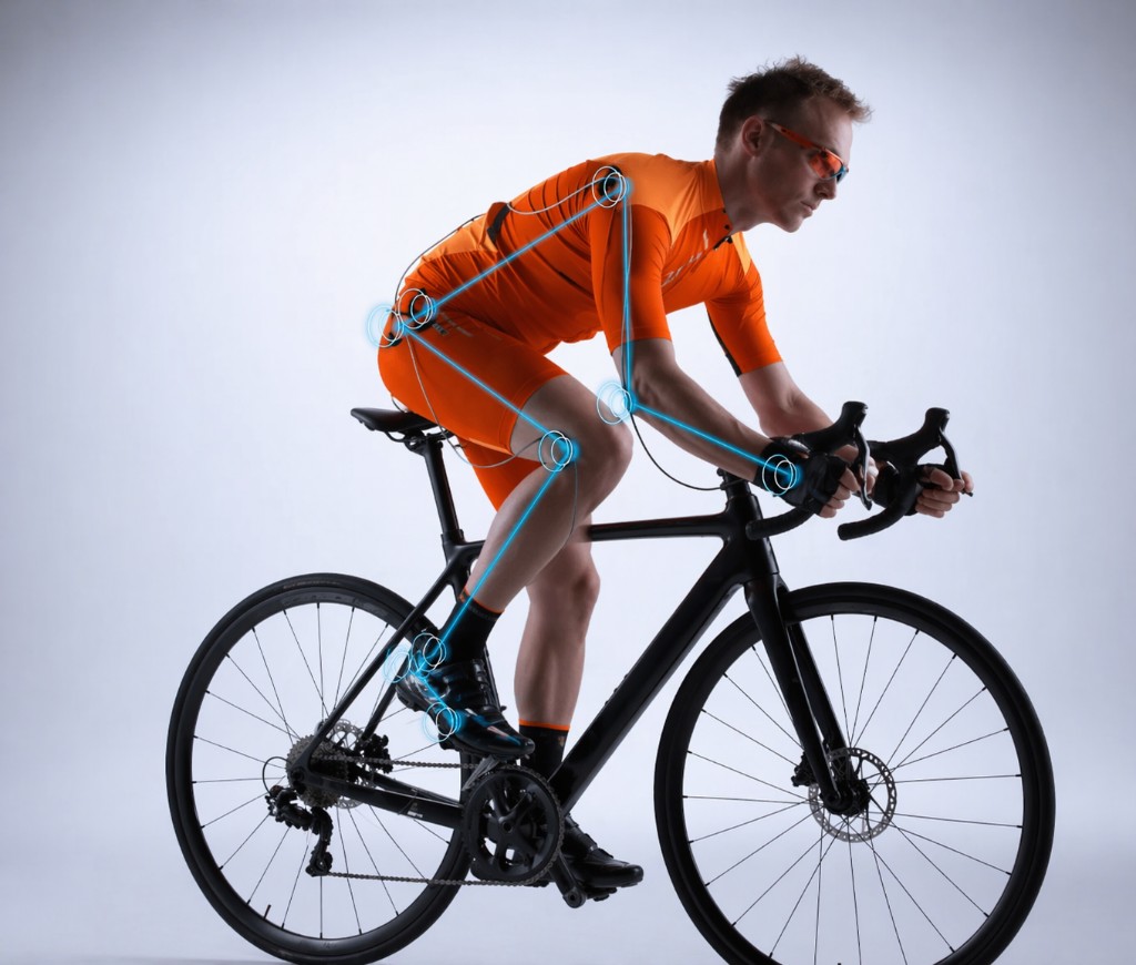 Ciclista em bike de estrada com sobreposição digital de análise de movimento e ângulos corporais em sessão de BikeFit profissional